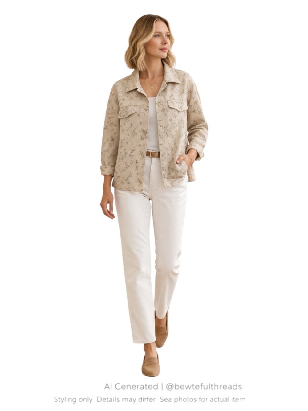 Italian Coastal Linen Floral Jacket Neutral Minimalist Chic M/L